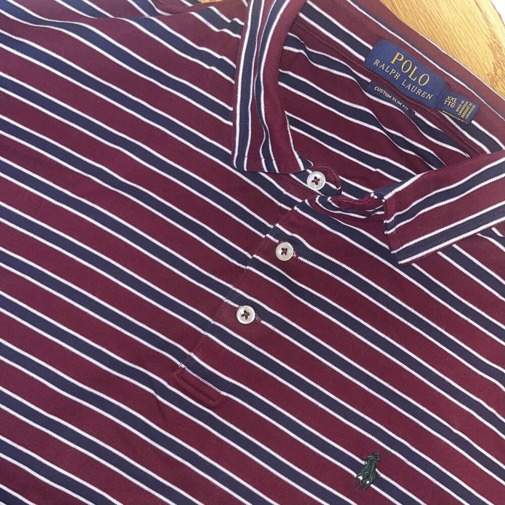 Polo Ralph Lauren Rugby Custom Fit Shirt XXL Maroon Blue Stripe Green Pony Logo